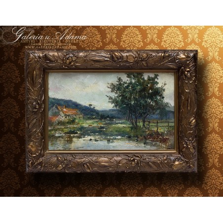 OBRAZ OLEJNY - SYGNOWANY. - PEJZAŻ Z DOMEM NAD STAWEM (1900 r.)