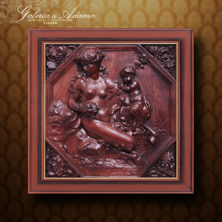 Płaskorzeźba (relief) z terakoty w drewnianej ramie do powieszenia na ścianie “Nimfa i amorek”-Bardzo dekoracyjna !