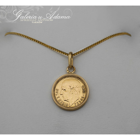 Wisiorek złoty (~5,67 g)  z monetą złotą-2,5 Pesos-1945 r na złotym łańcuszku- Ciekawy !