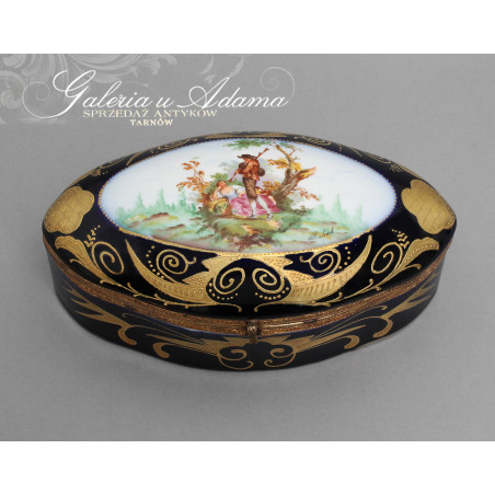 Wiktoriańska porcelanowa szkatuła na biżuterię, kobaltowo-złota z miniaturą na wieczku-Piękna !