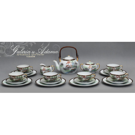 Japonia-” KUTANI ”-Porcelanowy komplet ( z prześwitem)do herbaty-6 sobowy z dzbankiem, cukierniczką, mlecznikiem i talerzykami.