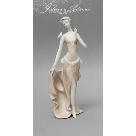 Art-deco-model Lladro-Porcelanowa figurka przedstawiająca kobietę w sukni z ptaszkiem na ramieniu-Ciekawostka kolekcjonerska !