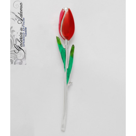 BROSZKA  SREBRNA-925 “TULIPAN” ZDOBIONA EMALIĄ KOMÓRKOWĄ.