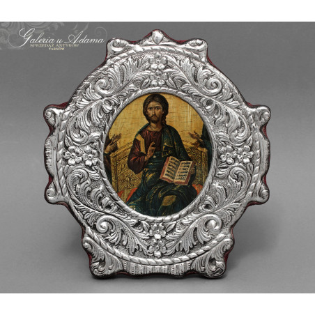 SREBRNA IKONA PODRÓŻNA-CHRYSTUS PANTOKRATOR DO  POWIESZENIA LUB POSTAWIENIA Z PODPÓRKĄ SKŁADANĄ.