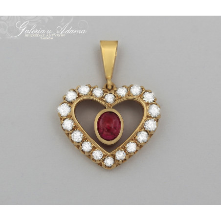 Złoty-14 k Wisiorek “Serce”  wysadzany brylantami- 1,26 karat i Rubinem naturalnym-0,60 k !