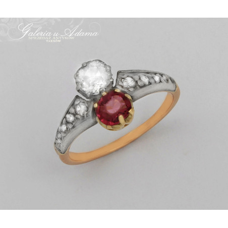 Pierścionek złoto-platynowy wysadzany brylantami- 0,50 k (w tym kamień centralny~0,40 k) i Rubinem !