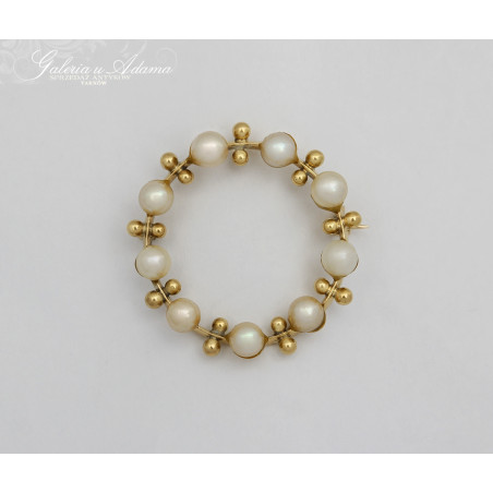 Broszka złota-18 k (w~3,94 g) wysadzana Perłami- Klasyka !