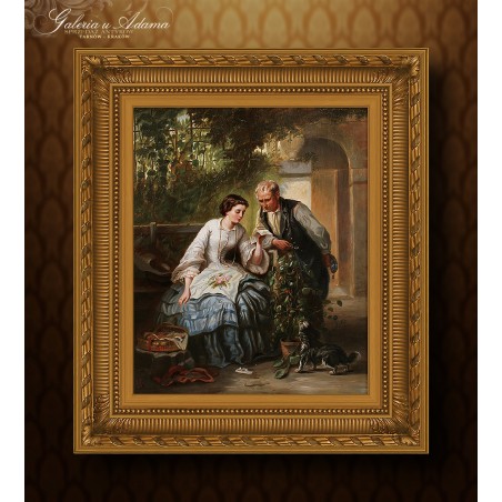 Obraz Olejny - Monogramista “AG” (1859 r.) Szkoła Francuska - Scenka w ogrodzie.