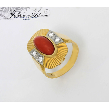 Art-Deco-Pierścionek złoty-18 k(~5,66 g) wysadzany Koralem naturalnym i kryształami-Ciekawy !