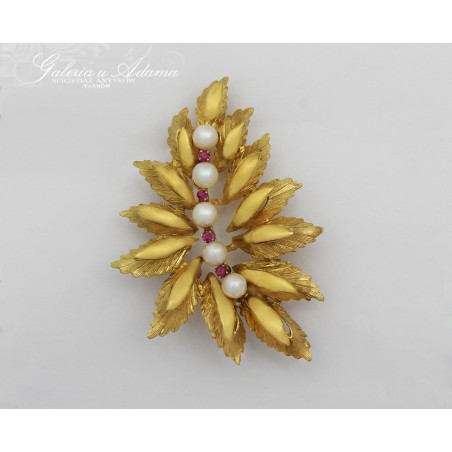 Broszka złota-18 k (~11,03 g)wysadzana Perłami i Rubinami-Piękna praca jubilerska !!