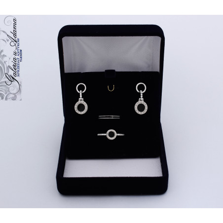 Model Bulgari-Komplet srebrne-925 biżuterii (kolczyki, pierścionek i obrączka) wysadzane emalią czarną i cyrkoniami- NOWY !