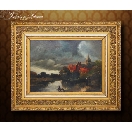 OBRAZ OLEJNY -J. Dunant / 1825 - 1870 /- PEJZAŻ Z RZEKĄ.