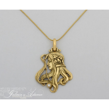 Model Art Nouveau-Wisiorek złoty-18 k (w~7,90 g)ze złotym łańcuszkiem wysadzany brylantem-0,05 k-Piękny !