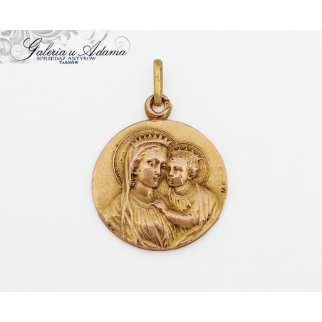 1921 r- Medalion/medalik złoty-18 k (~3,32 g) Matka Boska z Dzieciątkiem Jezus-Piękny sygnowany wizerunek !