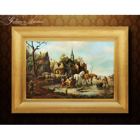 Obraz Olejny - Anton Müller (1874-1912)- Scenka z życia nadmorskiego miasteczka.