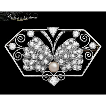 ART-DECO-Broszka złoto-platynowa(~13,78 g) wysadzana diamentami-2,70 k i perłą-Piękna praca jubilerska z 1920 r w etui !