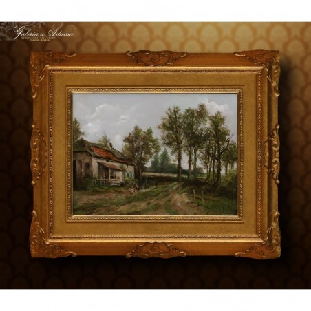 OBRAZ OLEJNY - LEON De MEUTER BRUNIN (1861-1949) - DOMEK NA SKRAJU LASU II.