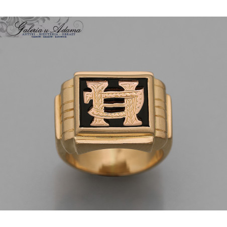 SYGNET DAMSKI ZE ZŁOTA-18 K (16,04 g) ZE ZŁOTYM MONOGRAMEM "HJ" NA ONYXIE-ART-DECO !