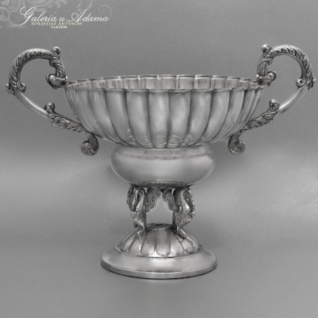 1900/1920 r-Okazała paterka/żardiniera z Alpaki (~788 g) na figuralnej podstawie, ozdobiona motywem łabędzi -Piękna !