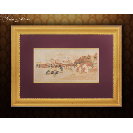 Akwaforta kolorowana- dr D.Donald Londyn (1923 ) -Plac Bab w Tunisie-Limitowa edycja nr 77 z 200.