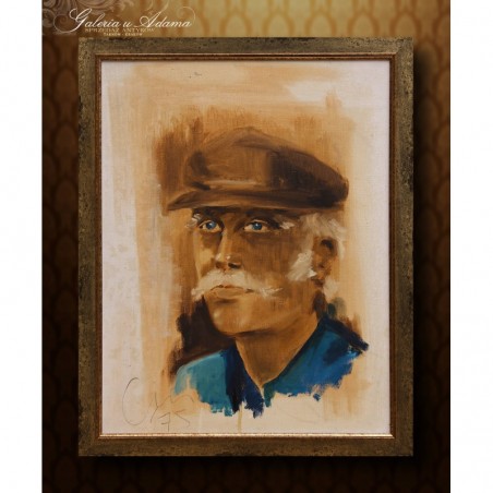 OBRAZ OLEJNY - AUTOR - SYGNOWANY - PORTRET MĘŻCZYZNY W CZAPCE.